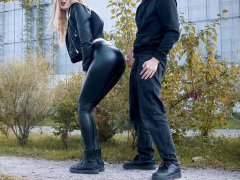 TitsCult presents: He cums on my latex leggings in public! - clothedpleasures