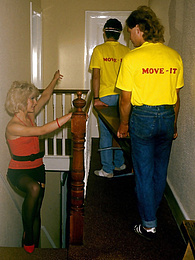 TitsCult presents: Horny housewife seduces two removal guys into a threesome