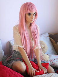 TitsCult presents: Teen sweetheart with a long pink hair gets nude and flashes her gorgeous breasts and pussy